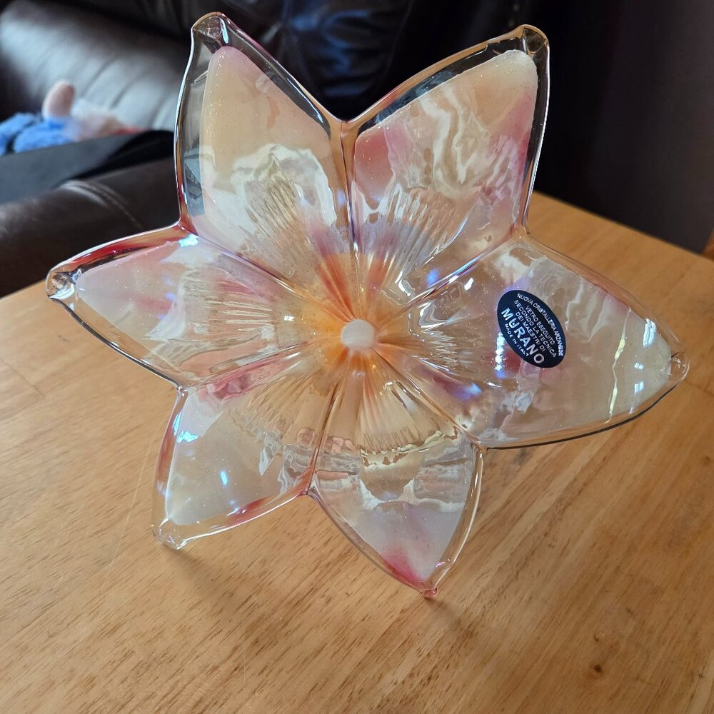 Italian Murano Style Art Glass Yellow Pink Flower Decor Paperweight